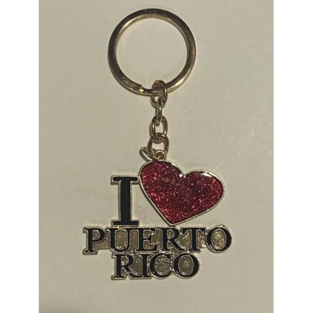 I Love Puerto Rico Heart Keychain Gold Tone Glitter Red Souvenir Travel Item